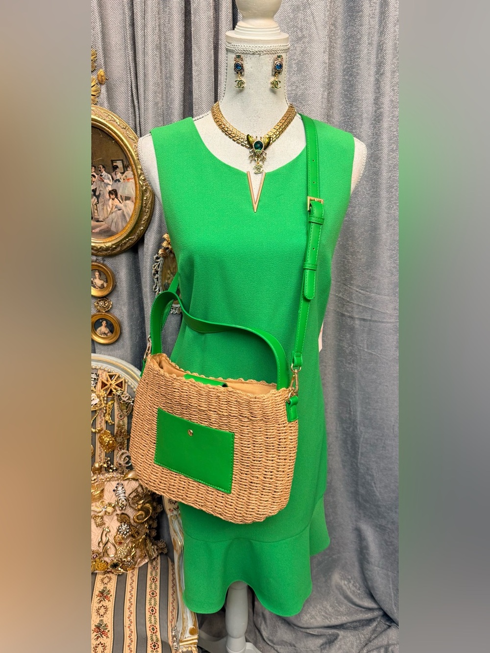 Green Dress with Jewelry and Bag